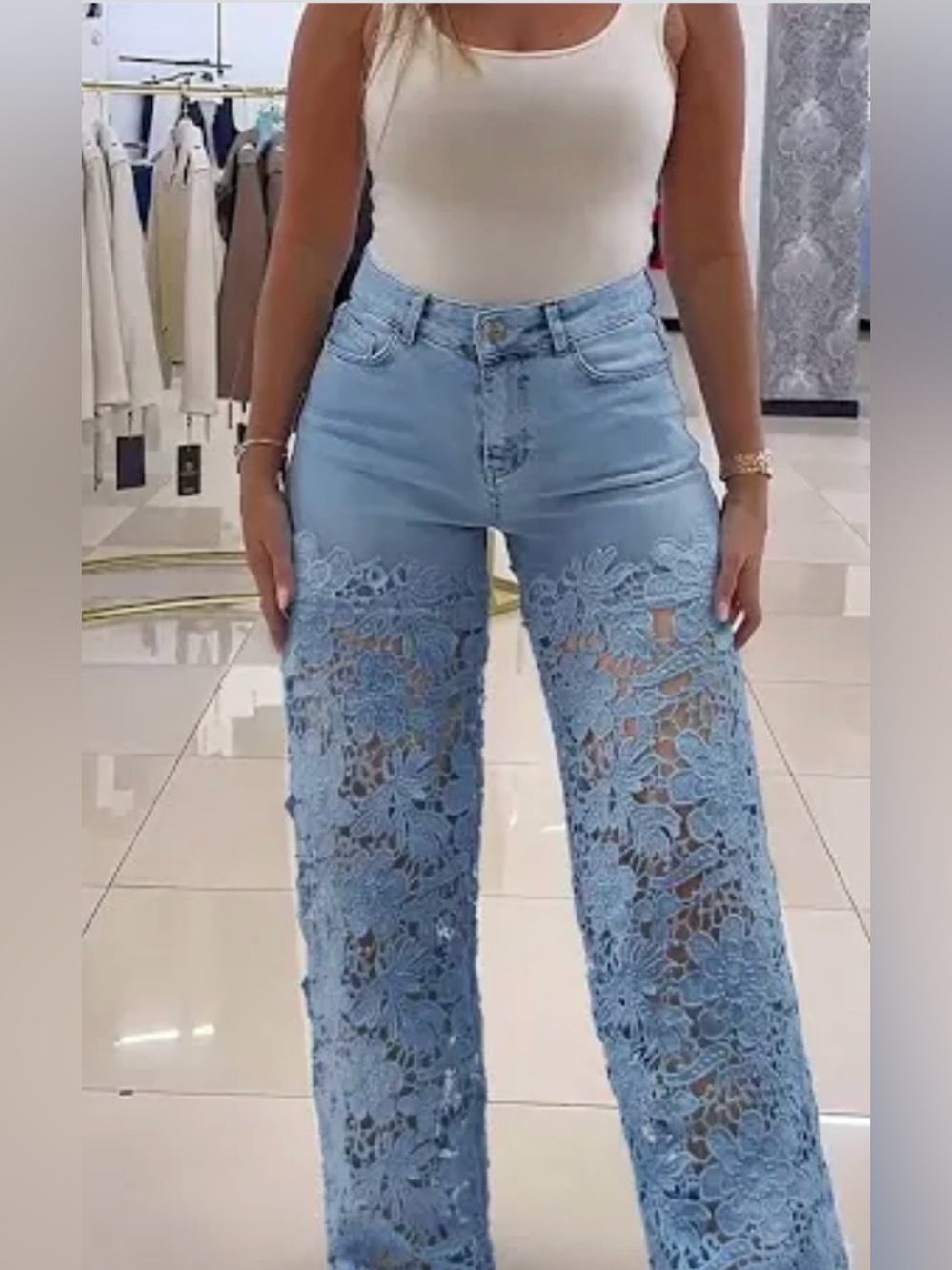 Chicme Blue Flare Jeans with Lace Panels